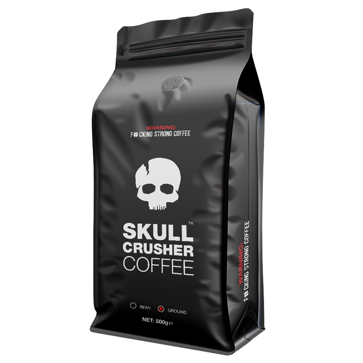Ground Skull Crusher Coffee beans, high caffeine blend in a bag, ready for brewing a strong, energizing coffee.