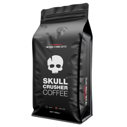 Ground Skull Crusher Coffee beans, high caffeine blend in a bag, ready for brewing a strong, energizing coffee.