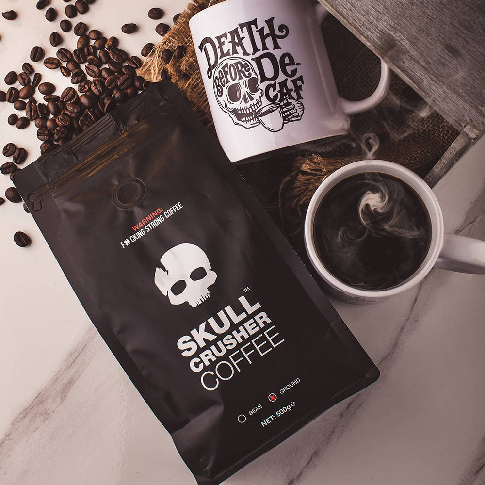 Ground Skull Crusher Coffee beans, strong high caffeine coffee by Skull Crusher Coffee, ready for brewing and energizing your day.