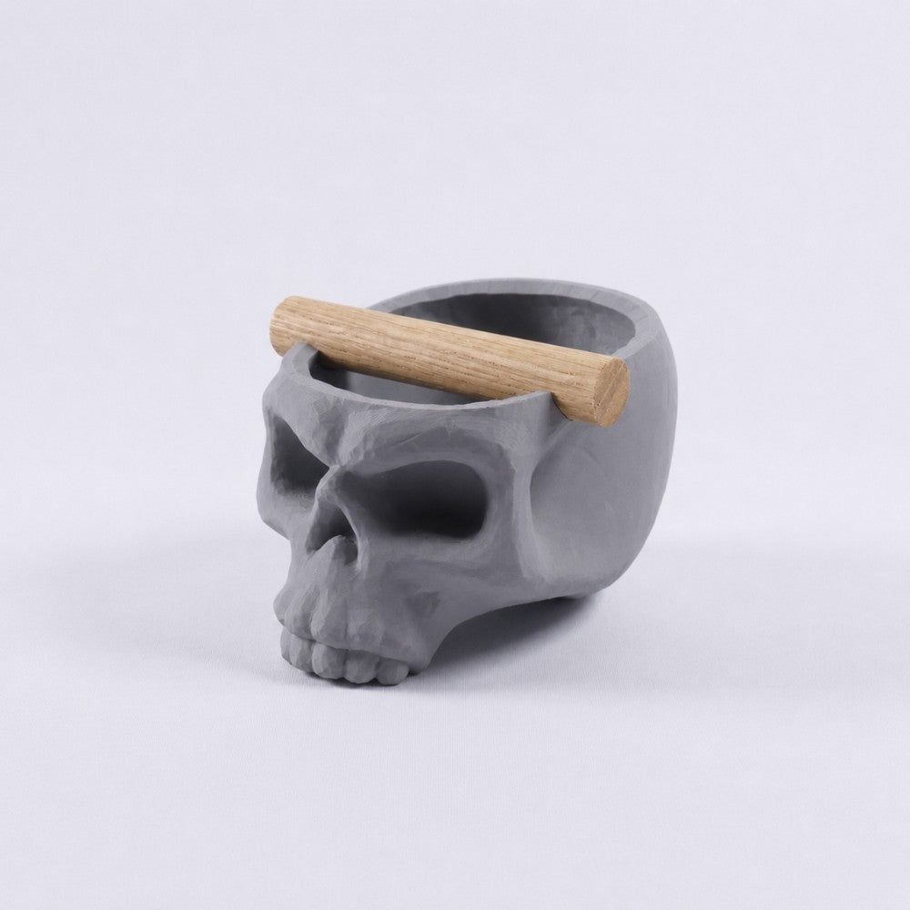 Ash grey Gothic skull espresso knock box with oak bar from KNOCDIC®, featuring a detailed skull design and sturdy construction.