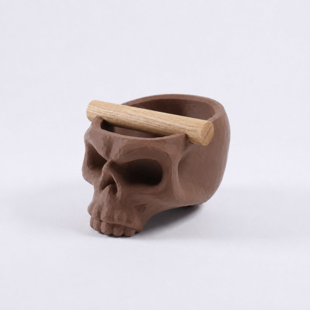 Brown Gothic skull espresso knock box with oak bar, featuring a detailed skull design and sturdy construction by KNOCDIC®.