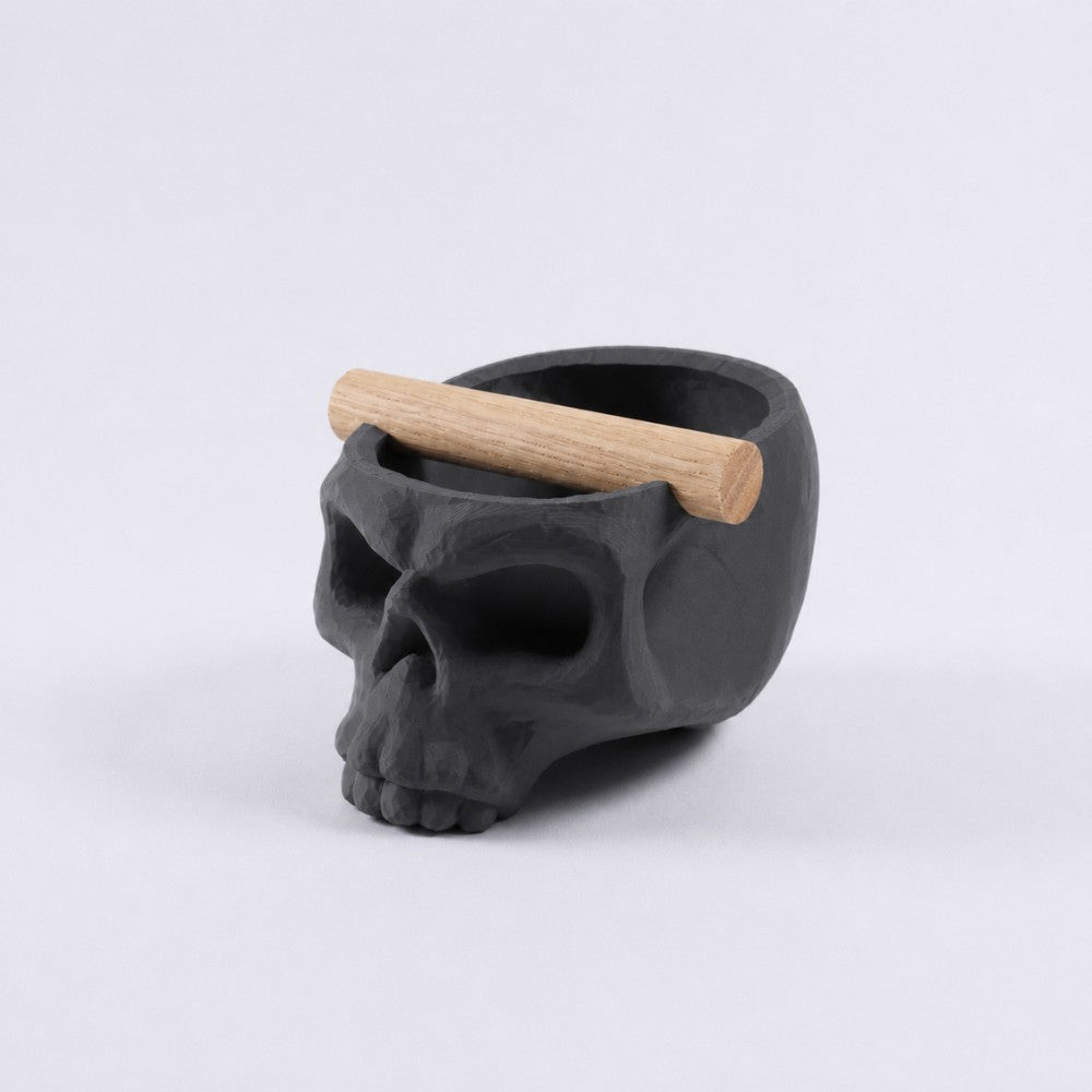 Gothic Skull Espresso Knock Box with Oak Bar by KNOCDIC® in charcoal finish, featuring a skull-shaped design and wooden bar handle.