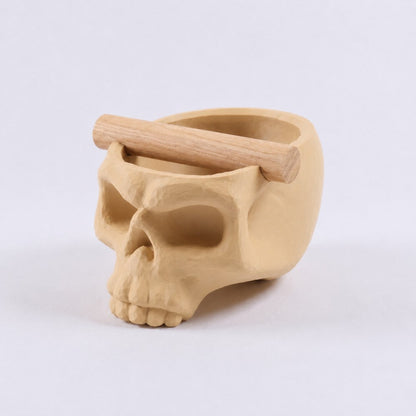 Gothic skull espresso knock box with oak bar by KNOCDIC® in desert tan, featuring a detailed skull design for coffee prep.