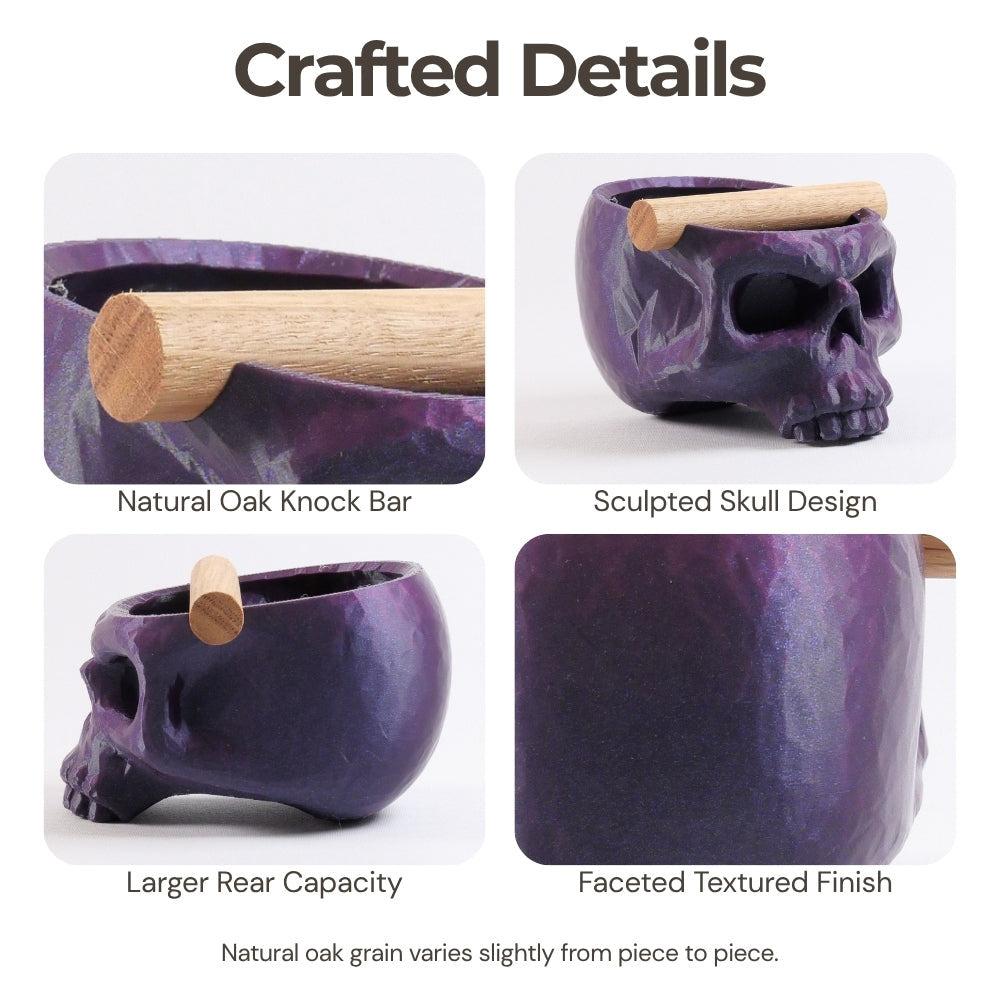 Gothic skull espresso knock box by KNOCDIC® with oak bar for coffee grounds disposal, featuring a detailed skull design.