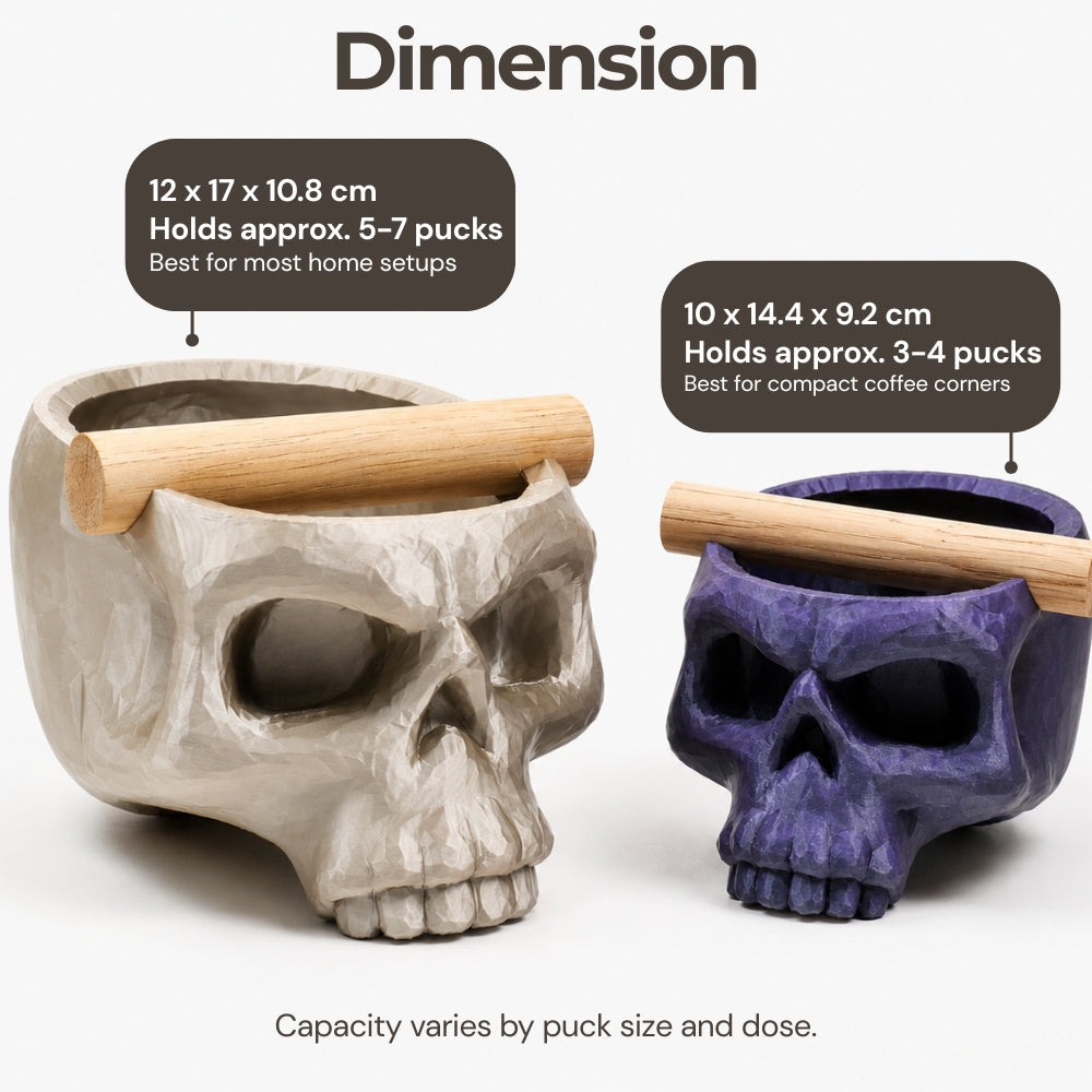 Gothic Skull Espresso Knock Box with Oak Bar by KNOCDIC®, featuring a skull-shaped design and durable wood bar for coffee pucks.
