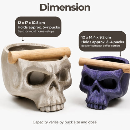 Gothic Skull Espresso Knock Box with Oak Bar by KNOCDIC®, featuring a skull-shaped design and durable wood bar for coffee pucks.