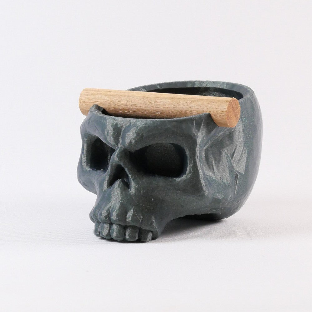 Gothic skull espresso knock box with galaxy green finish and oak bar, designed by KNOCDIC® for coffee accessory storage.