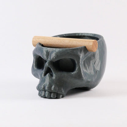 Gothic skull espresso knock box with galaxy green finish and oak bar, designed by KNOCDIC® for coffee accessory storage.
