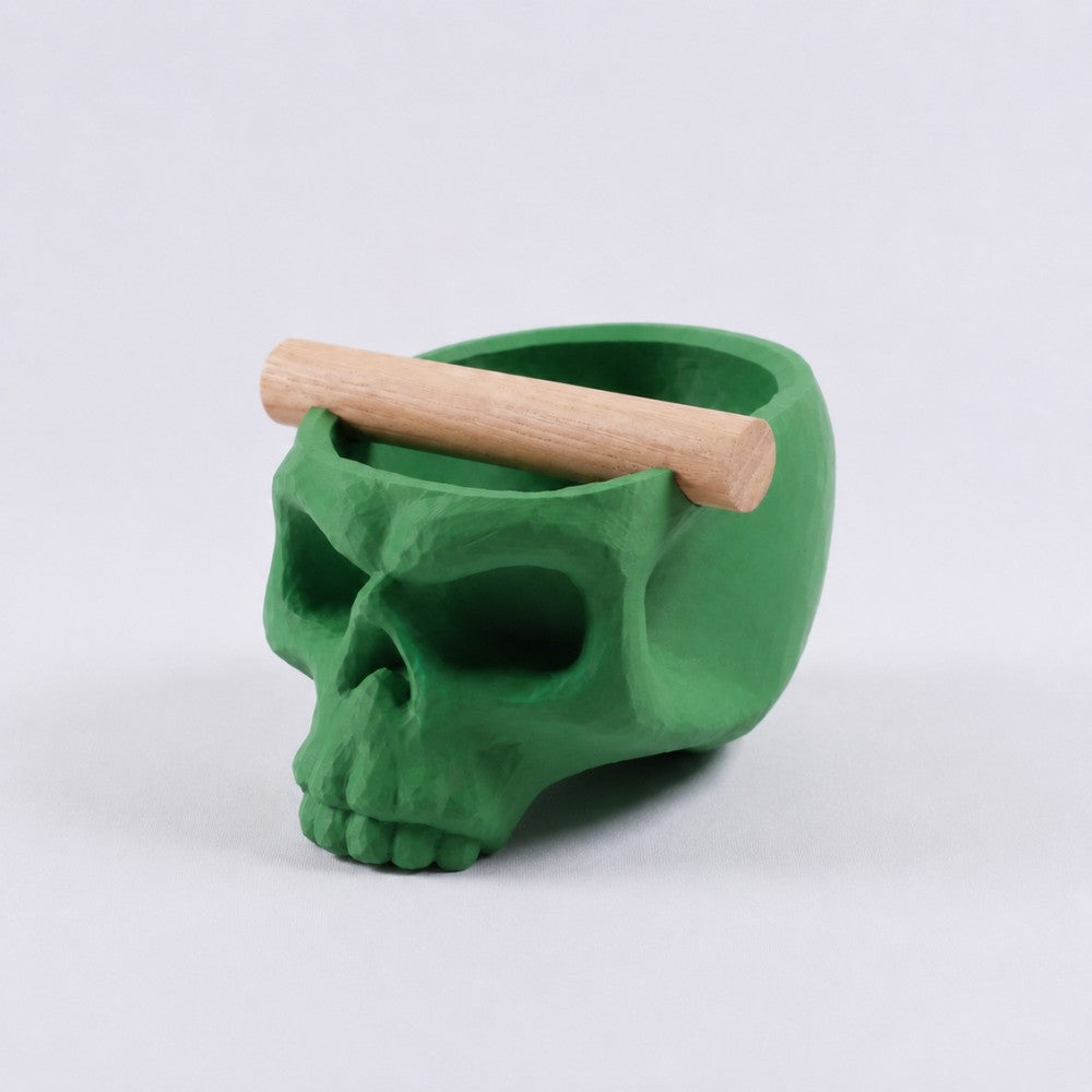 Grass green Gothic Skull Espresso Knock Box with oak bar by KNOCDIC®, featuring a detailed skull design for coffee enthusiasts.