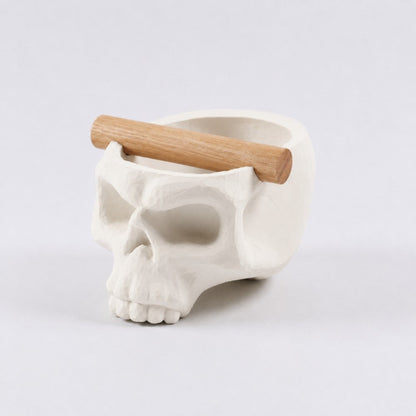 Gothic skull espresso knock box with oak bar by KNOCDIC® in ivory white, featuring a skull-shaped design for coffee accessories.