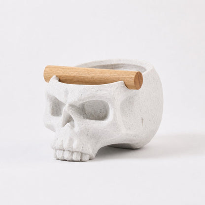 Gothic skull espresso knock box with marble white finish and oak bar, designed by KNOCDIC®.