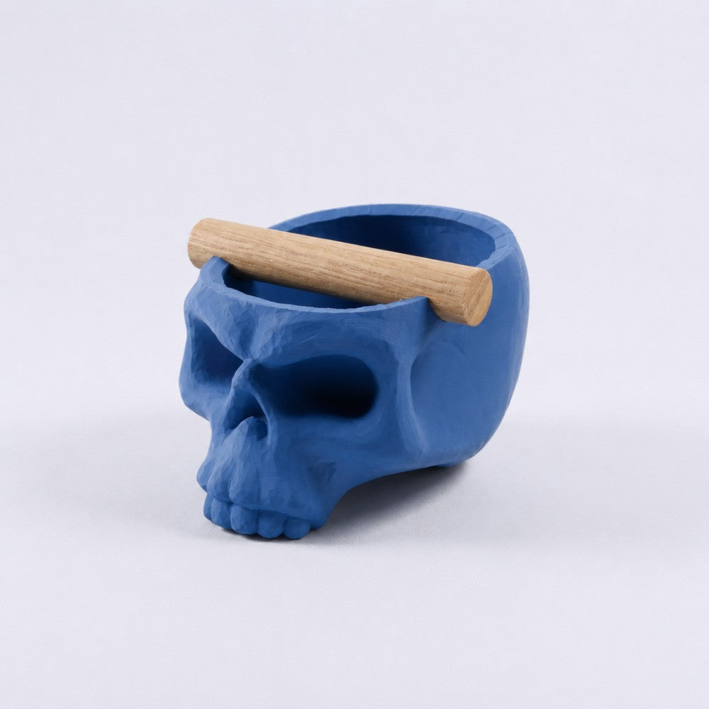 Marine blue Gothic Skull Espresso Knock Box with Oak Bar by KNOCDIC®, featuring a skull-shaped ceramic body for coffee accessories.