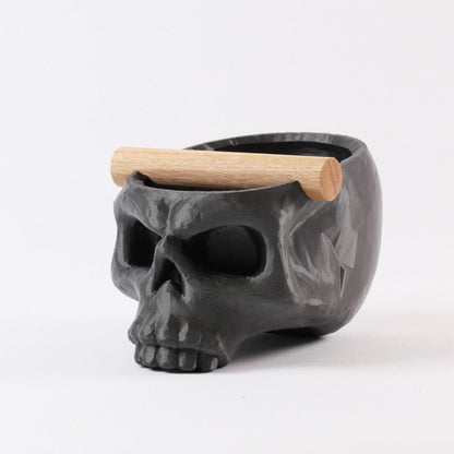 Gothic Skull Espresso Knock Box by KNOCDIC® in metallic black with oak bar, featuring a detailed skull design for coffee accessories.