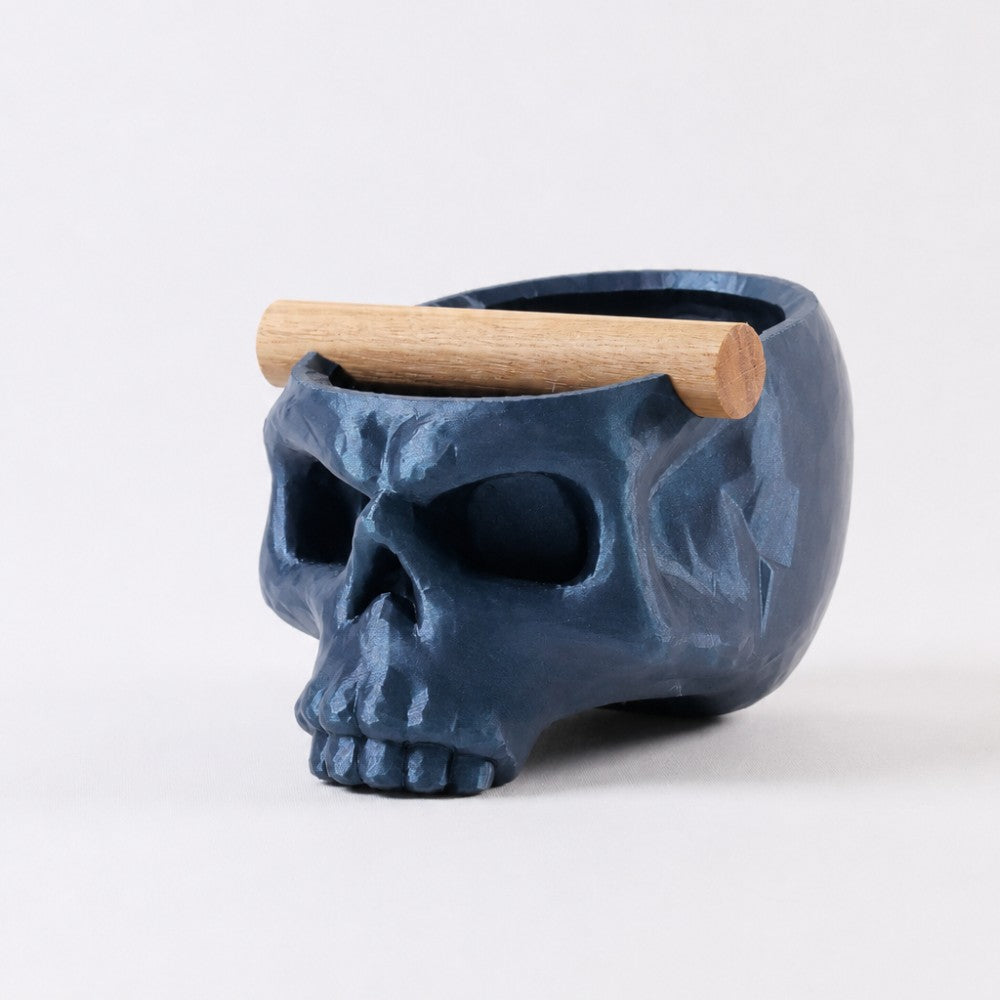 KNOCDIC® Gothic Skull Espresso Knock Box with metallic blue finish and oak bar for coffee bar accessories.