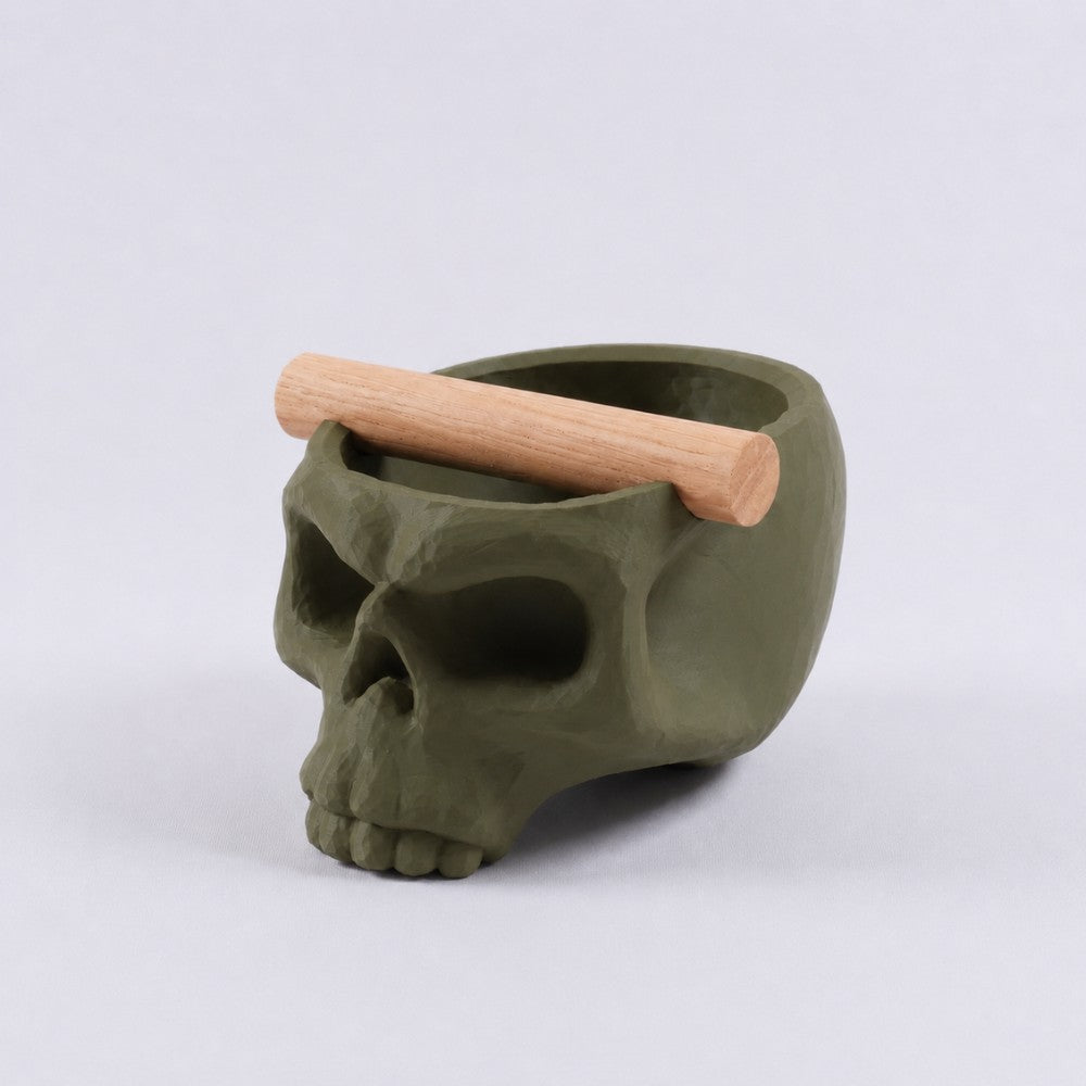 Olive green Gothic skull espresso knock box with oak bar from KNOCDIC® for coffee grounds disposal and barista use.