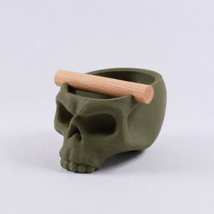 Olive green Gothic skull espresso knock box with oak bar from KNOCDIC® for coffee grounds disposal and barista use.