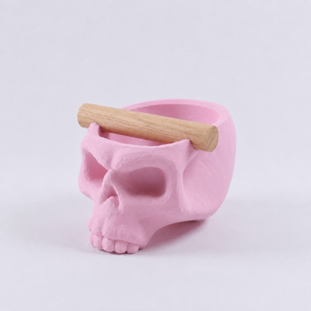 Pink Gothic Skull Espresso Knock Box with Oak Bar by KNOCDIC®, featuring skull design and sturdy oak bar for coffee tampering.