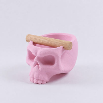Pink Gothic Skull Espresso Knock Box with Oak Bar by KNOCDIC®, featuring skull design and sturdy oak bar for coffee tampering.