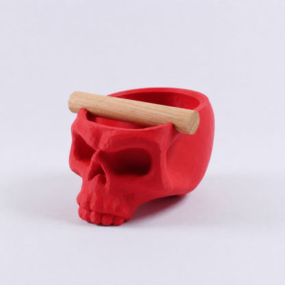 Red Gothic skull espresso knock box with oak bar by KNOCDIC®, featuring a detailed skull design for coffee enthusiasts.