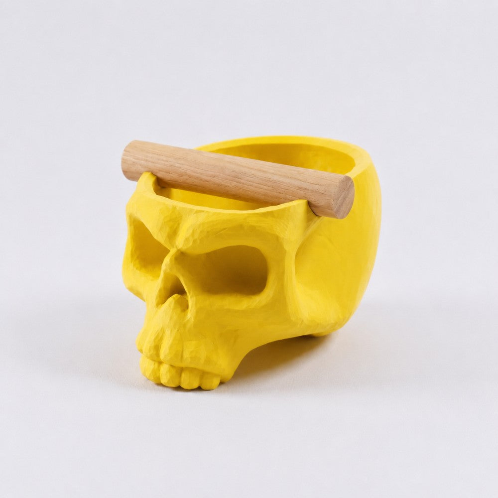 Gothic skull espresso knock box with yellow finish and oak bar, by KNOCDIC®, for coffee grounds disposal and countertop style.