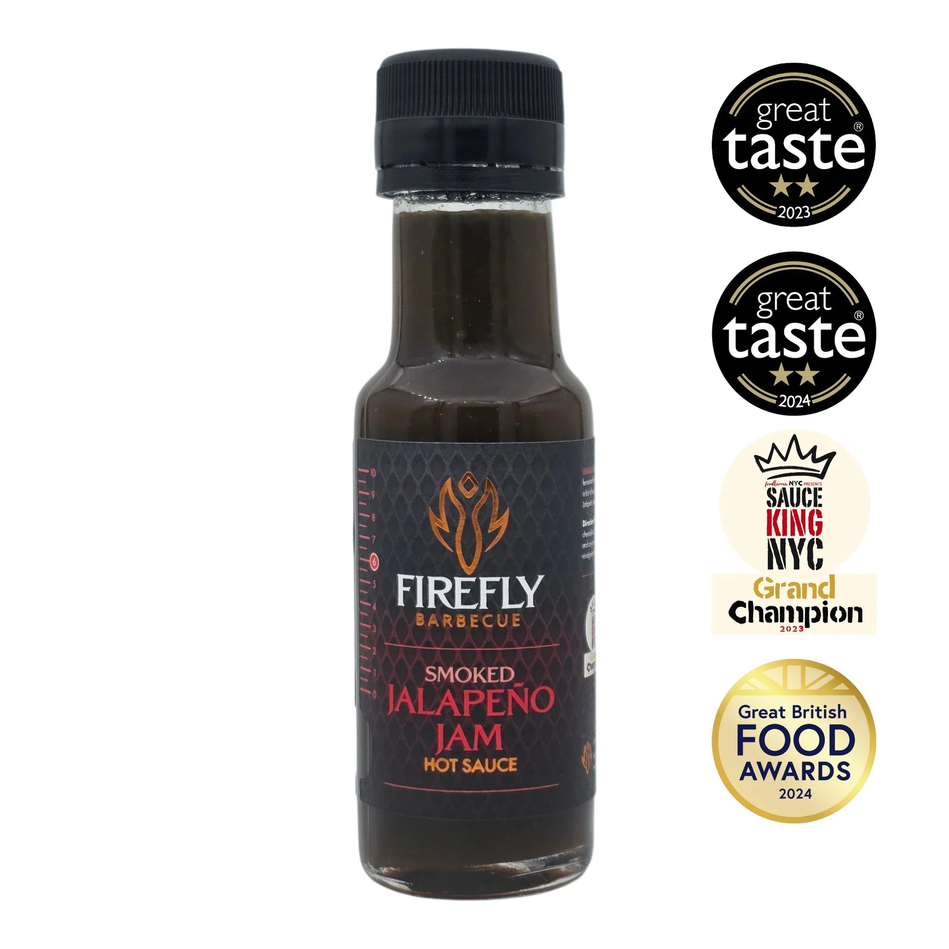 Jar of FireFly Barbecue Smoked Jalapeño Jam hot sauce with a dark, smoky appearance and label visible on the glass jar.