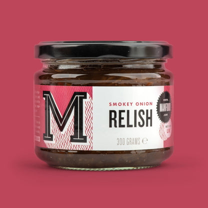 Manfood Smoky Onion Relish in a jar, showcasing its rich, smoky flavor with visible onion pieces and a glossy finish.