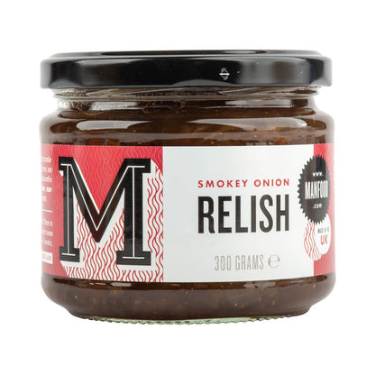 Manfood Smoky Onion Relish in a jar, featuring dark caramelized onions with smoky flavor, ready to enhance dishes.