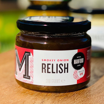 Manfood Smoky Onion Relish in a jar with visible caramelized onions and smoky sauce, ready to add flavor to dishes.