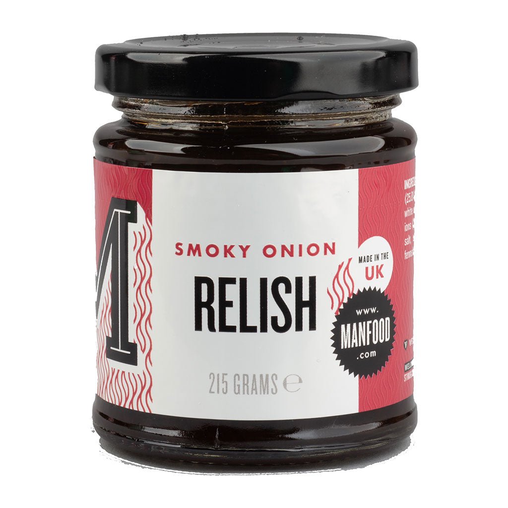 Jar of Manfood smoky onion relish with dark, caramelized onions and rich smoky flavor in a glass container.