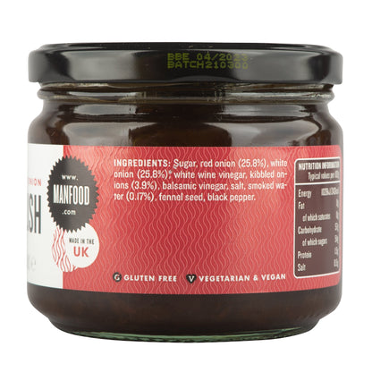 Jar of smoky onion relish by Manfood, showcasing a glossy, dark relish with visible onion pieces in a clear glass jar.