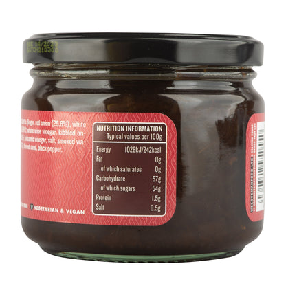 Manfood Smoky Onion Relish in a jar, showcasing a dark, smoky onion relish with visible onion pieces and rich texture.