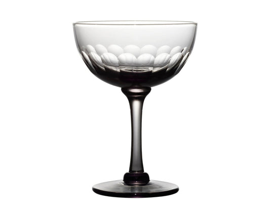 four smoky crystal champagne saucers with lens design