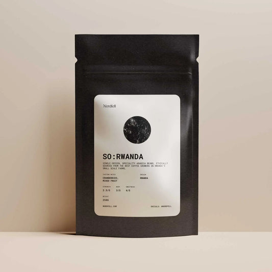 Nordfell Rwanda Ethical single origin roasted coffee in 250g bag, showing the coffee beans and packaging.