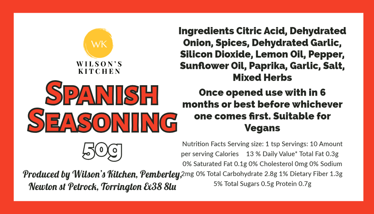 Jar of Wilson’s Kitchen Spanish Seasoning with a colorful blend of spices for authentic Spanish flavor in cooking.