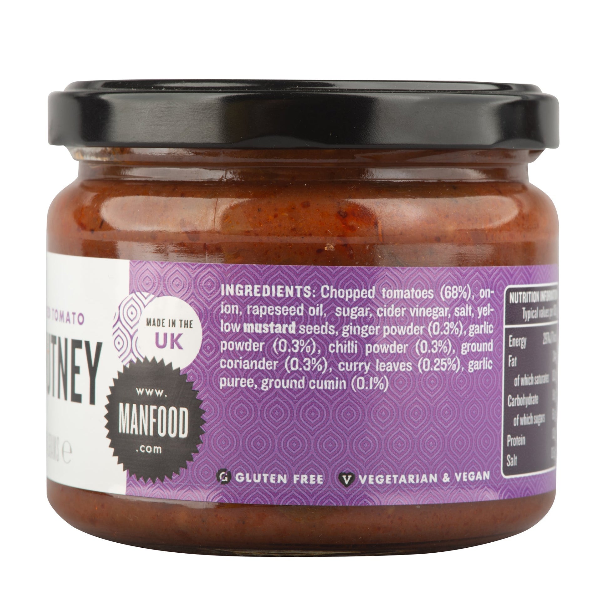 Jar of Manfood spiced tomato chutney with visible chunks of tomato and spices, showcasing its rich, flavorful texture.