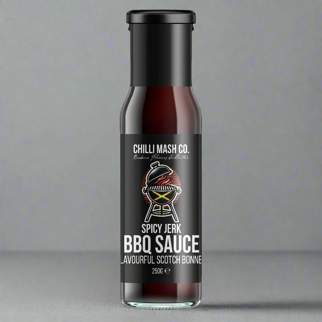 Spicy Jerk BBQ Sauce by Chilli Mash Co. in 250g jar, showcasing vibrant reddish-orange sauce with herbs and spices, authentic Caribbean flavor