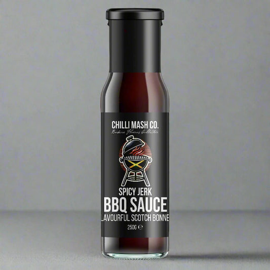 Spicy Jerk BBQ Sauce by Chilli Mash Co. in 250g jar, showcasing vibrant reddish-orange sauce with herbs and spices, authentic Caribbean flavor