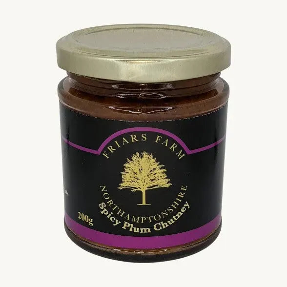 Spicy Plum Chutney by Friars Farm in a 200g jar, showcasing a rich, textured chutney with visible plum pieces and spice flecks.