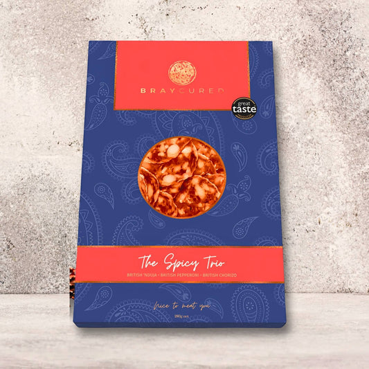 Bray Cured Spicy Tasting Trio featuring a selection of spicy cured meats arranged for charcuterie.