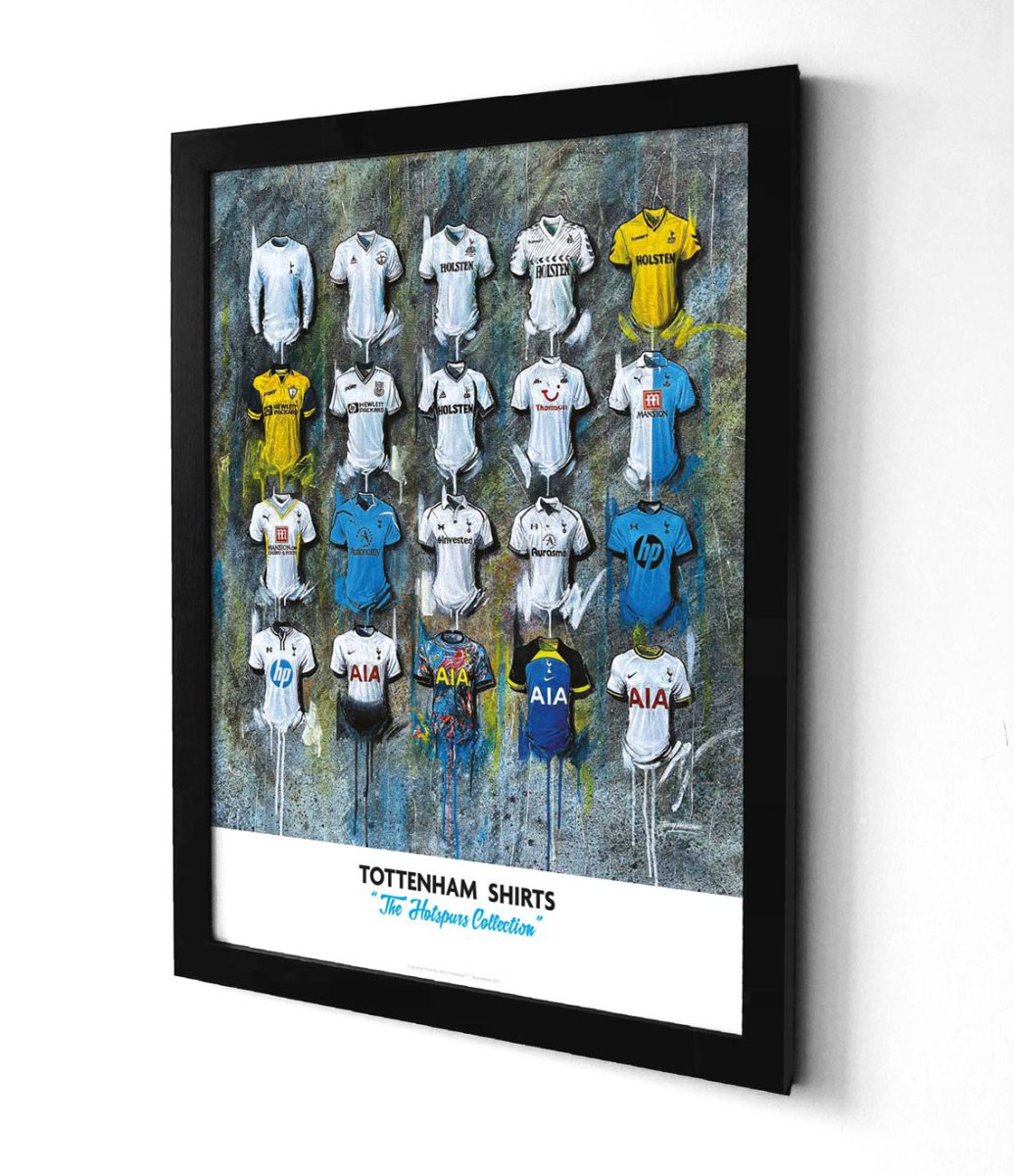 Limited edition A2 signed print of Spurs FC 2022 shirts artwork by Terry Kneeshaw Art, showcasing detailed football shirt design.