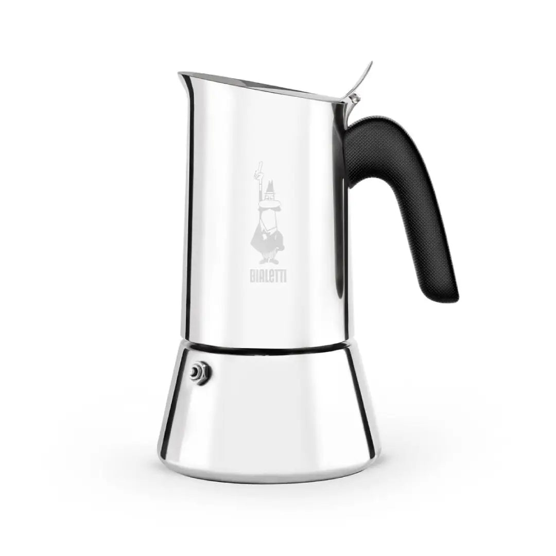 Stainless steel Bialetti Venus coffee maker by Brew Italia, showcasing its elegant Italian hardware design.