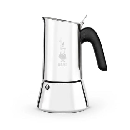 Stainless steel Bialetti Venus coffee maker by Brew Italia, showcasing its elegant Italian hardware design.