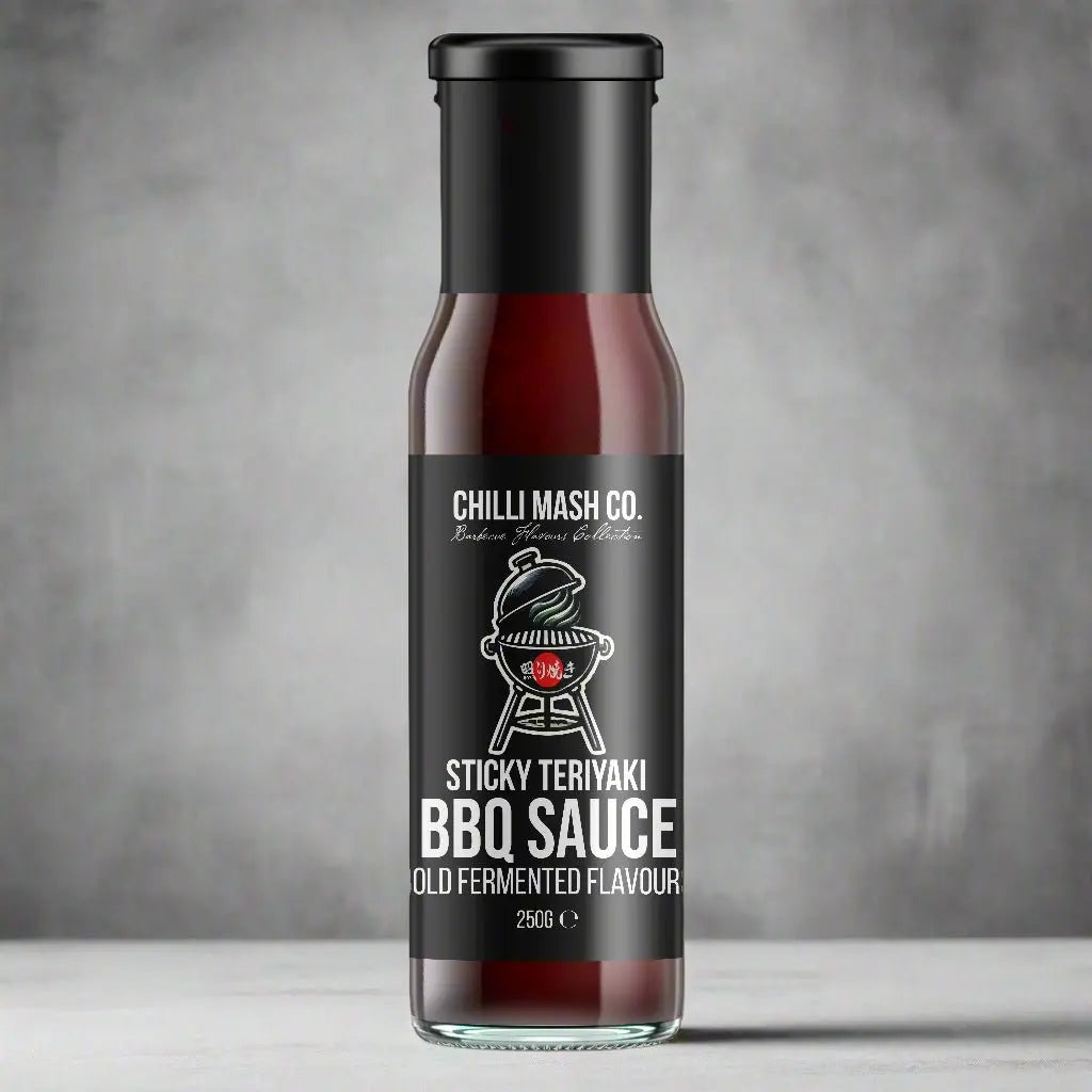 Sticky teriyaki BBQ sauce by Chilli Mash Co. in a 250g jar, showcasing thick, glossy sauce with bold fermented chili flavor.