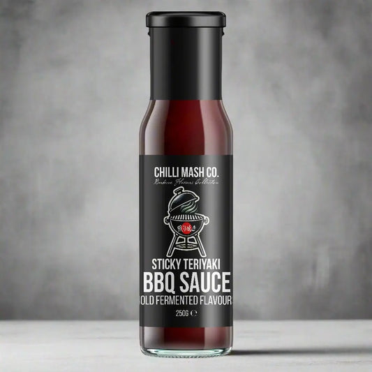 Sticky teriyaki BBQ sauce by Chilli Mash Co. in a 250g jar, showcasing thick, glossy sauce with bold fermented chili flavor.