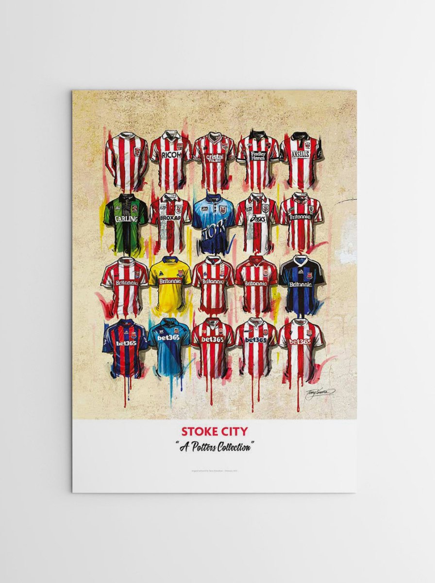 Signed limited edition print of Stoke City FC shirts by Terry Kneeshaw Art, featuring detailed artwork of iconic football jerseys.