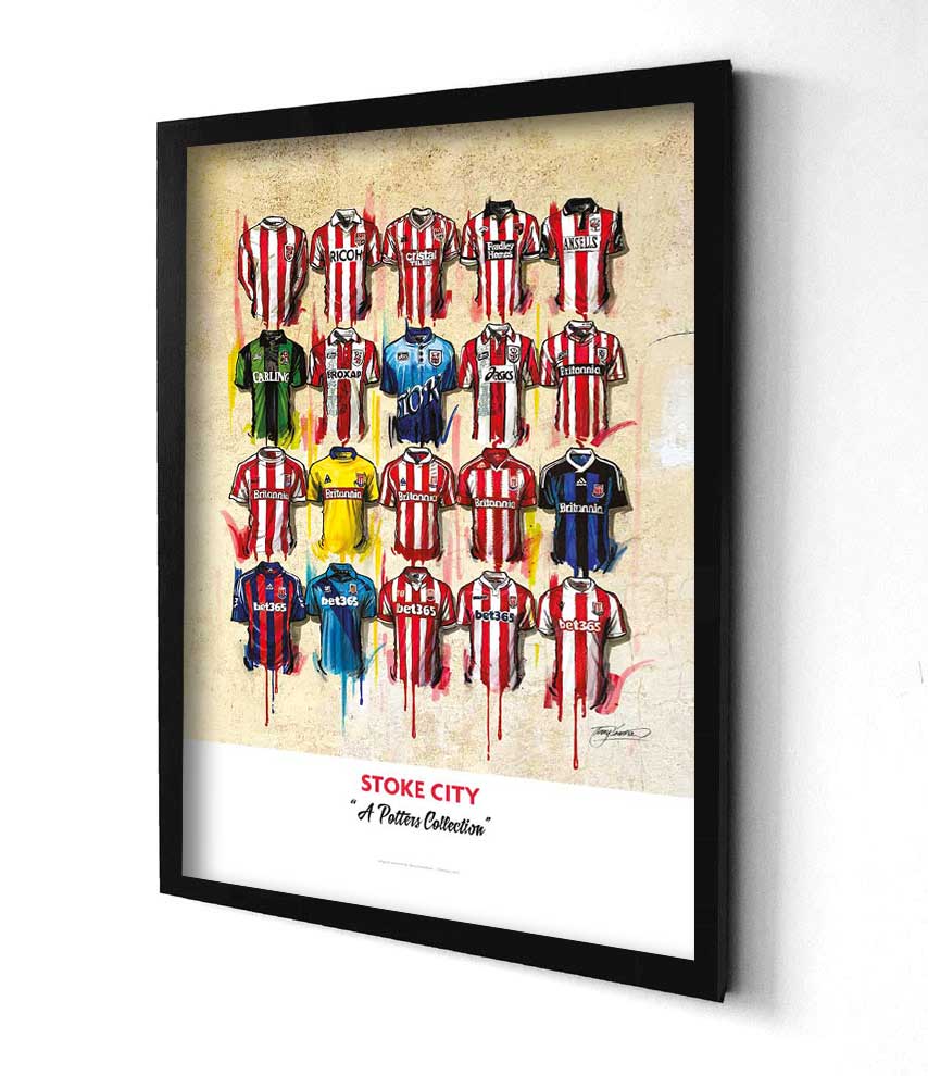 Signed limited edition print of Stoke City FC shirts by Terry Kneeshaw Art, featuring detailed artwork of classic team jerseys.