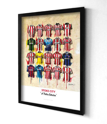 Signed limited edition print of Stoke City FC shirts by Terry Kneeshaw Art, featuring detailed artwork of classic team jerseys.