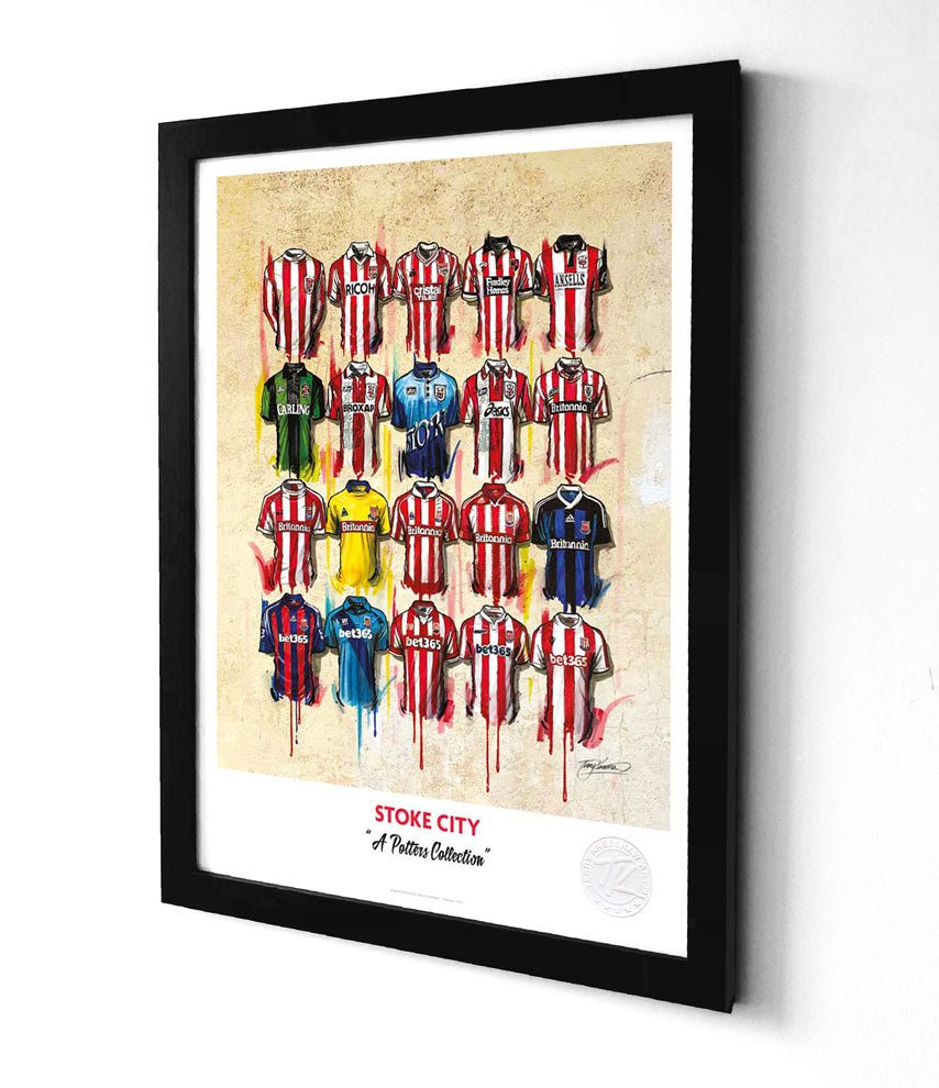 Limited edition framed print of Stoke City football shirt by Terry Kneeshaw Art, featuring a detailed artistic representation.