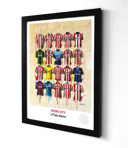 Limited edition framed print of Stoke City football shirt by Terry Kneeshaw Art, featuring a detailed artistic representation.