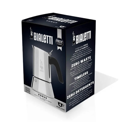 Bialetti Venus stovetop Italian coffee maker from Brew Italia, featuring aluminum hardware and black handle for brewing espresso.
